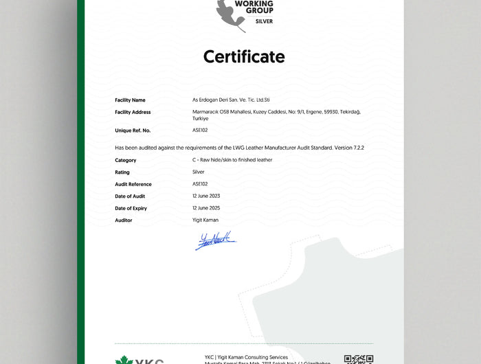 <h3>LWG (Leather Working Group) – Silver Rating</h3>